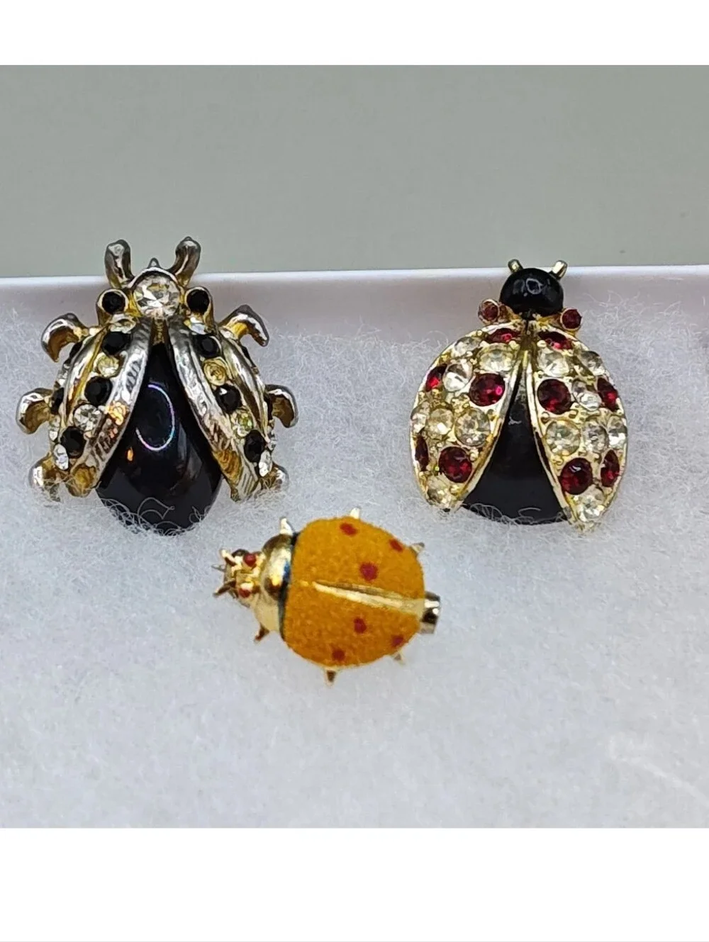 Vintage 3 Bug Incect Brooches Rhinestones Garden Ladybug Lapel Pins Gold Tone